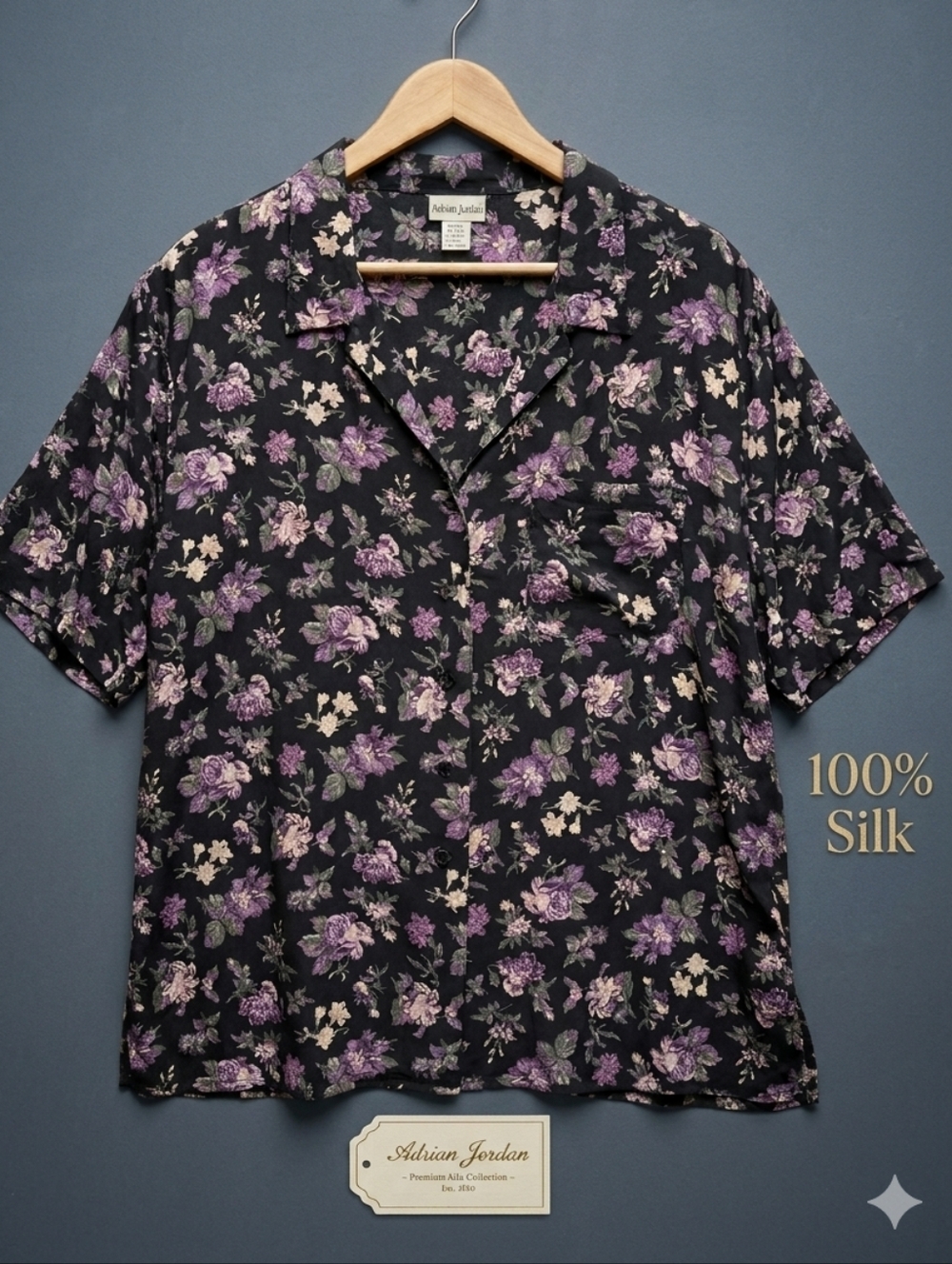 Adrian Jordan Vintage 90s 100% Silk‎ Floral Tunic Blouse Purple Black Plus 30/32